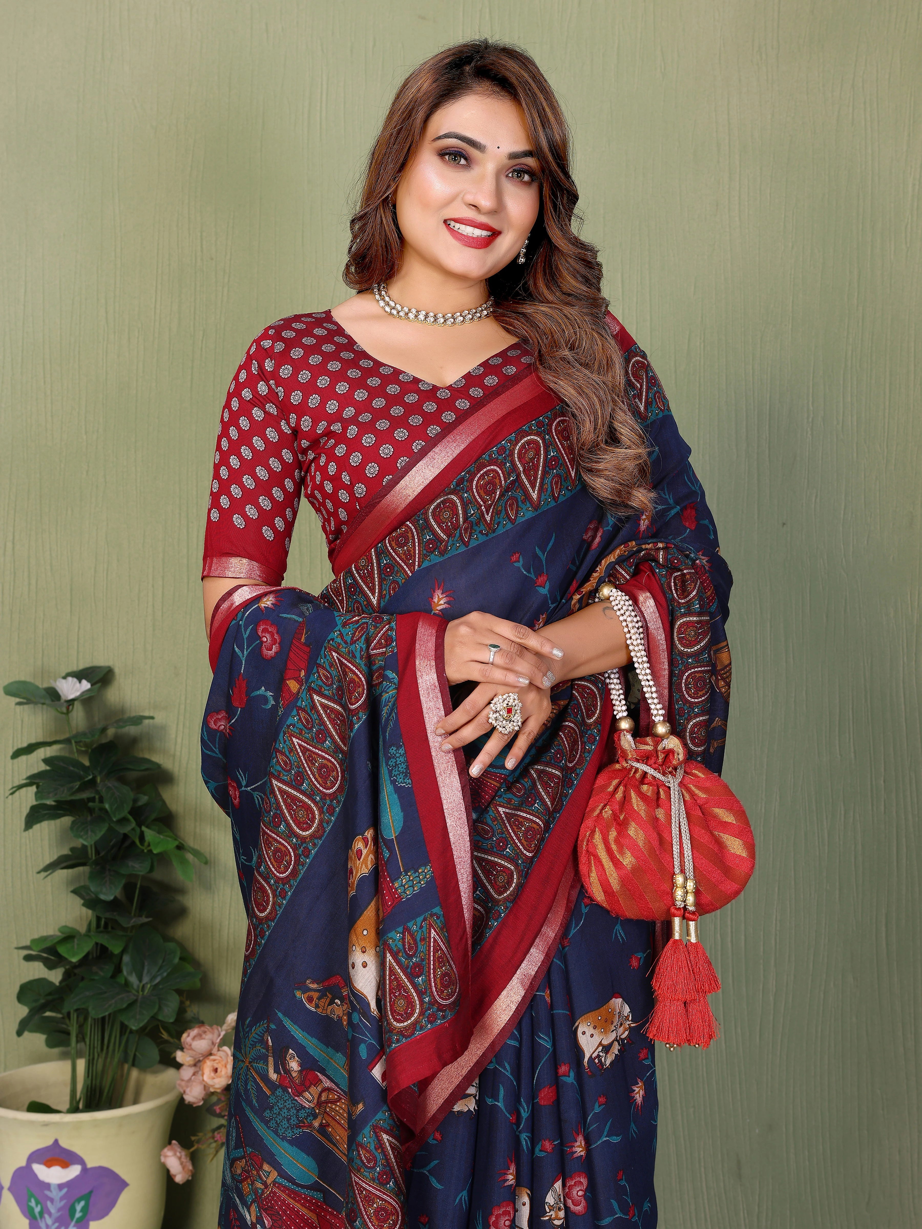 Navy Blue Mul Cotton Kalamkari Print Saree – Kalyanja